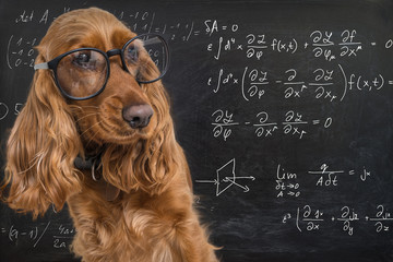 Clever funny dog wearing eyeglasses. Math equations on blackboard in background.