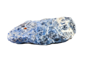 Macro shooting of natural gemstone. Raw mineral sodalite, South Africa. Isolated object on a white background.
