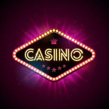 Casino Illustration with shiny lighting display and neon light letter on violet background. Vector gambling design with for invitation or promo banner.