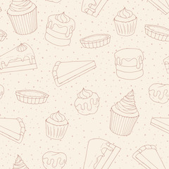 Wektor wzór ciasta z ciasta, ciasta, babeczki i eklery zarys. Ręcznie rysowane słodkie produkty piekarnicze w szkicowym stylu na kropkowanym tle. - 198044538