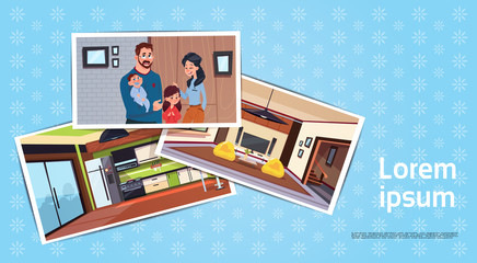 Set Of Photos Of Young Family In New Home In Living Room And Kitchen Buying House Concept Flat Vector Illustration