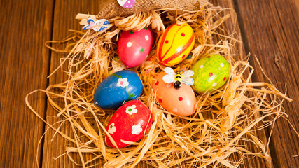 Happy Easter background, Bunny and Easter eggs in nest