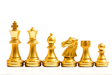 Gold chess piece stand in a row (king, queen, bishop, knight, rook, pawn) on white background