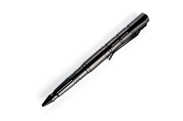 Aluminum self-defense tactical ink pen in black on a white background