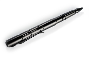 Aluminum self-defense tactical ink pen in black on a white background