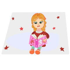 Cute little girl in casual clothes reading a book and smiling , vector