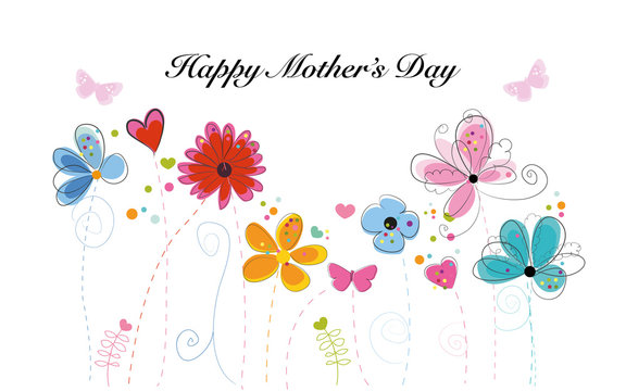 Happy Mother's Day greeting card with Spring time colorful doodle flowers background