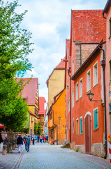 Beautiful streets in Rothenburg ob der Tauber with traditional German houses, Bavaria, Germany