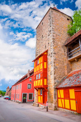Beautiful streets in Rothenburg ob der Tauber with traditional German houses, Bavaria, Germany