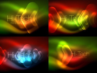 Set of abstract backgrounds. Blurred arrows in dark space. Neon pointers, glass glossy design, abstract techno background, web banner