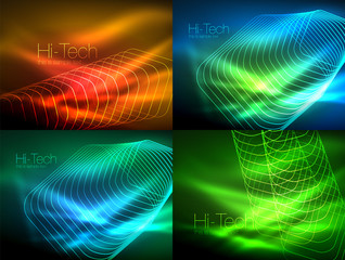 Set of glowing flowing wave neon backgrounds, energy concept, wave lines