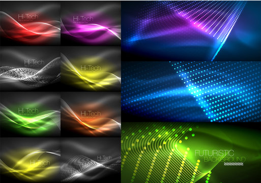 Set of continuous neon waves in dark, night backgrounds with lights. Abstract magic shining templates