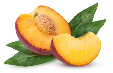 Ripe peach fruit with leaf cut in half with bone and slice