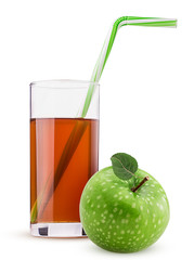 Grenn fresh apples with leaf. Glass of fresh apple juice straw green striped