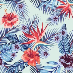 Printed kitchen splashbacks Hibiscus Blue hibiscus plumeria leaves seamless light background