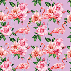 Flamingo rose flowers pink color seamless pattern