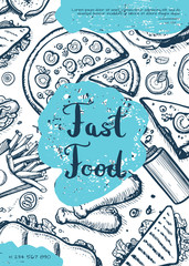 Fast food vintage hand drawn background. Restaurant menu vintage vector illustration with burger, pizza, french fries, hot dog. Cafe price catalog, junk food retro poster with snack linear sketches