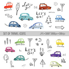 Cute icon set with small cars and road signs on white background
