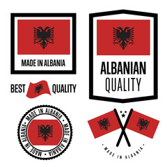 Albania quality isolated label set for goods. Exporting stamp with albanian flag, nation manufacturer certificate element, country product vector emblem. Made in Albania badge collection.