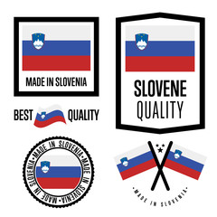 Slovenia quality isolated label set for goods. Exporting stamp with slovene flag, nation manufacturer certificate element, country product vector emblem. Made in Slovenia badge collection.
