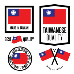 Taiwan quality isolated label set for goods. Exporting stamp with taiwanese flag, nation manufacturer certificate element, country product vector emblem. Made in Taiwan badge collection.