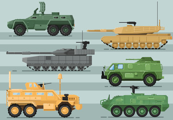Fototapeta premium Modern military technics isolated set. Combat tank, armored vehicle, army truck, artillery and missile system vector illustration in flat design. Army force heavy equipment, armored corps machinery.