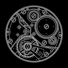 Mechanical watches with gears. Drawing of the internal device. It can be used as an example of harmonious interaction of complex systems, technical, engineering and scientific research, high-tech.