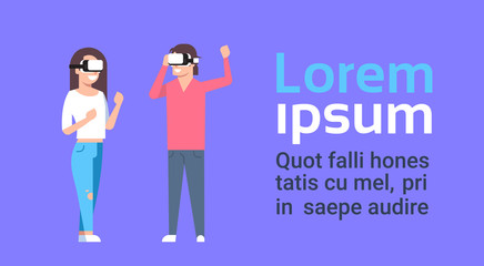 Man And Woman Wearing 3d Virtual Reality Glasses Over Background With Copy Space Flat Vector Illustration