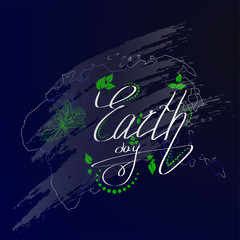 Earth day cursive script lettering on a blue background.Green leaf.