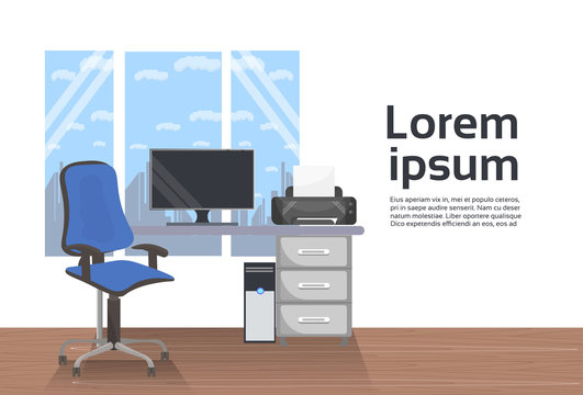 Empty Workplace Office Interior Desk With Computer And Chair Over Window Background Flat Vector Illustration