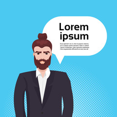 Bearded Business Man Hipster In Elegant Suit Over Copy Space Background Flat Vector Illustration
