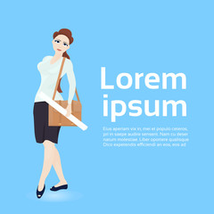 Young Woman Office Worker In Elegant Clothes Businesswoman Over Copy Space Background Flat Vector Illustration