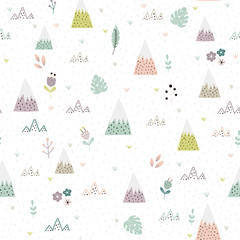 Naklejki  Śliczne góry, rośliny i krajobraz kwiatowy wzór. Kreskówka tło dla dzieci. Ilustracja wektorowa