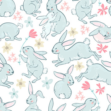 Vector sweet bunnies, character cute seamless pattern. Pastel co