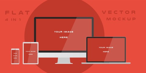 Flat computer monitor, laptop, tablet, smartphone isolated on red background. Can use for template presentation, web design and ui kits. White electronic gadget, device mockup. Vector illustration