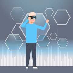 Young Man Wearing Modern Goggles 3d Technology Glasses Virtual Reality Headset Concept Flat Vector Illustration