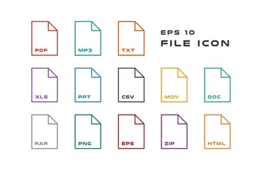 Set of Document Labels and File Formats Icons. PDF, MP3, TXT, XLS, PPT, CSV, MOV, DOC, RAR, PNG, EPS, ZIP, HTML. Vector illustration. EPS 10