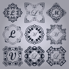 Set of vintage monograms frames with beautiful filigree ornamental frame, decorative ornate vintage borders, retro elements. Vector illustration. Template for design