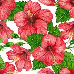 Seamless pattern with red hibiscus flowers painted with watercolors. Element for design.