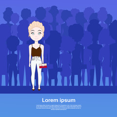 Obraz premium Beautiful Girl Standing Out Of Crowd Over Silhouette People Group With Copy Space Background Flat Vector Illustration