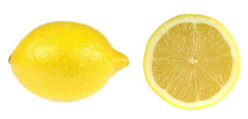 Lemon. Yellow fruit whole and slice isolated on white background