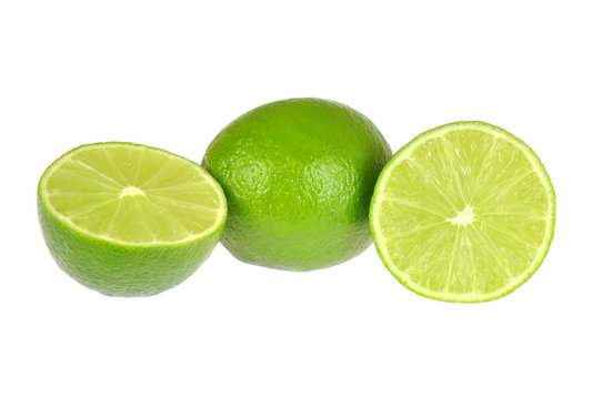 Lime set, whole and cut isolated on white background