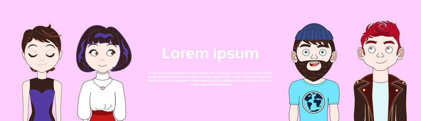 Young People Hipsters In Casual Clothes On Backgroud With Copy Space Horizontal Banner Flat Vector Illustration