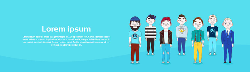 Young Men Group Wearing Casual Clothes Set Of Male On Blue Backgroud Horizontal Banner Flat Vector Illustration