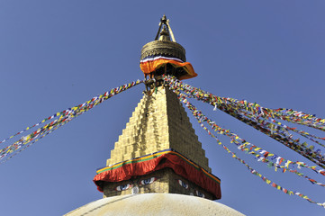 Stupa Bodnath oder Boudhanath oder Boudha, UNESCO-Weltkulturerbe, aufgemalte Augen, bunte Gebetsfahnen, tibetischer Buddhismus, Kathmandu, Nepal, Asien