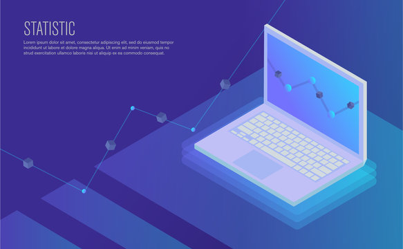 Concept of landing page. Analysis data and Investment. Business success.Financial review with laptop and infographic elements. 3d isometric flat design. Vector illustration.