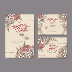 Set of three original attractive wedding cards based on bouquet vintage sketch and brush calligraphy.