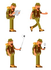 Bearded traveler with hat, backpack and tourist equipment in different poses, uses a map and GPS on smartphone, makes a selfie. Illustration in flat style.