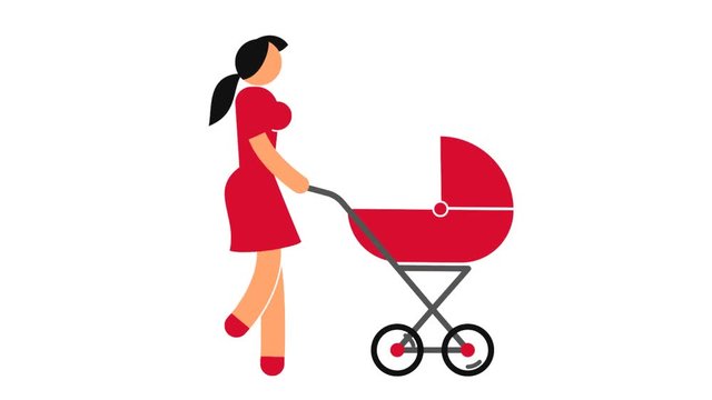 Woman is walking with a baby carriage - colored icon pictogram. Looped animation with alpha channel.