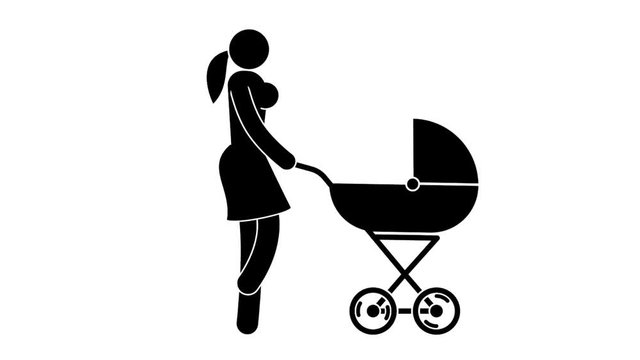 Pictogram mother with baby stroller. Looped animation with alpha channel.